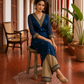 Elegant Teal Blue Georgette Kurta with Heavy Gold embroidered border V-Neck Yoke & Matching Sleeve Cuffs