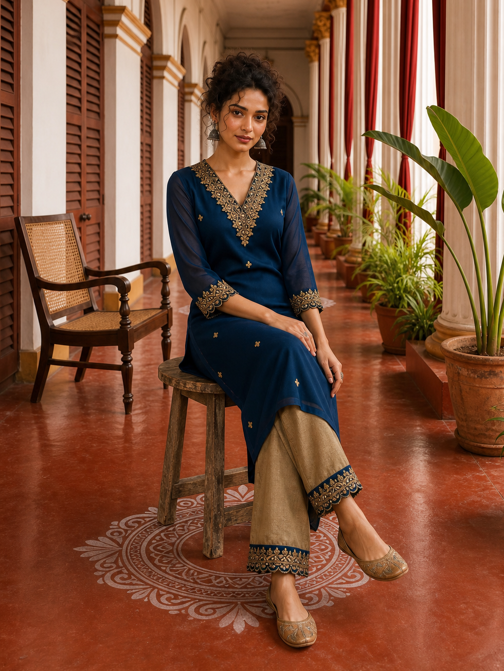 Elegant Teal Blue Georgette Kurta with Heavy Gold embroidered border V-Neck Yoke & Matching Sleeve Cuffs