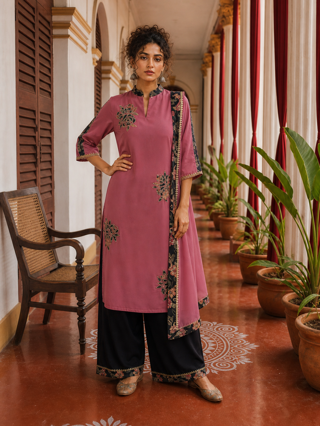 Elegant Pink Georgette Kurta with Floral Applique Motifs and Contrast Black Printed Collar & Dupatta