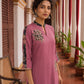 Elegant Pink Georgette Kurta with Floral Applique Motifs and Contrast Black Printed Collar & Dupatta