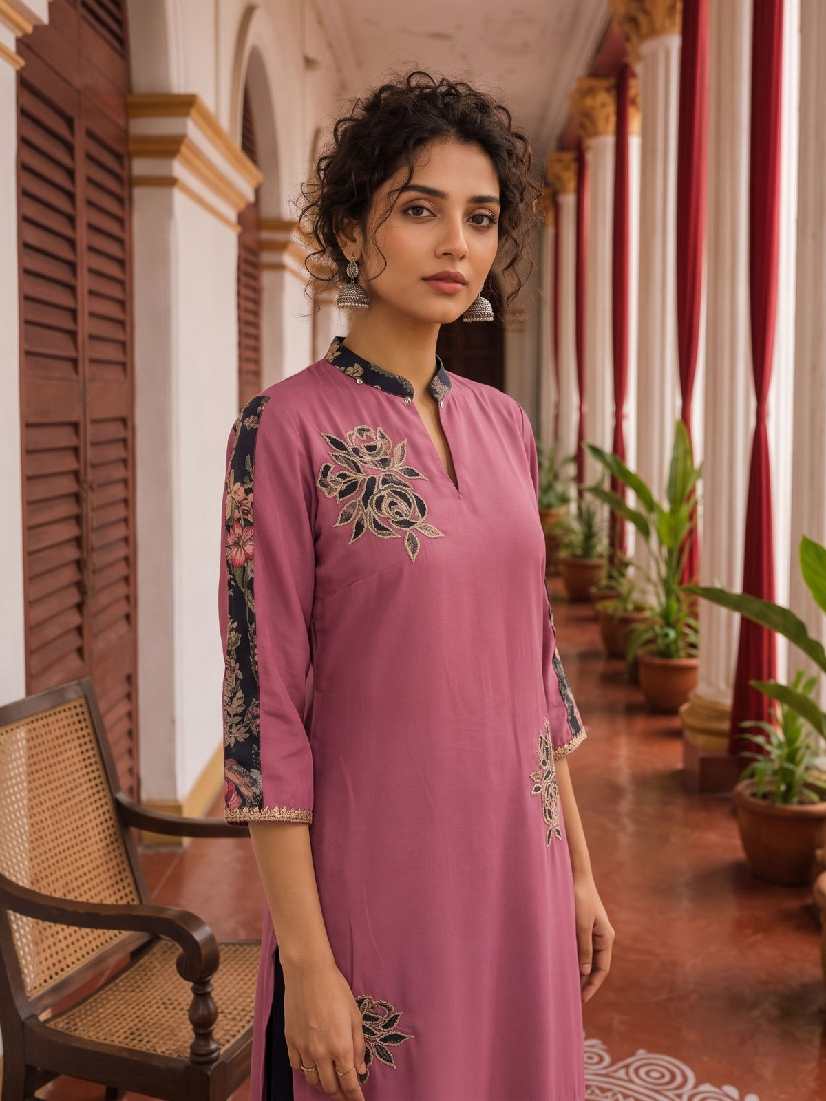 Elegant Pink Georgette Kurta with Floral Applique Motifs and Contrast Black Printed Collar & Dupatta