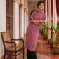 Elegant Pink Georgette Kurta with Floral Applique Motifs and Contrast Black Printed Collar & Dupatta