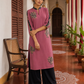 Elegant Pink Georgette Kurta with Floral Applique Motifs and Contrast Black Printed Collar & Dupatta