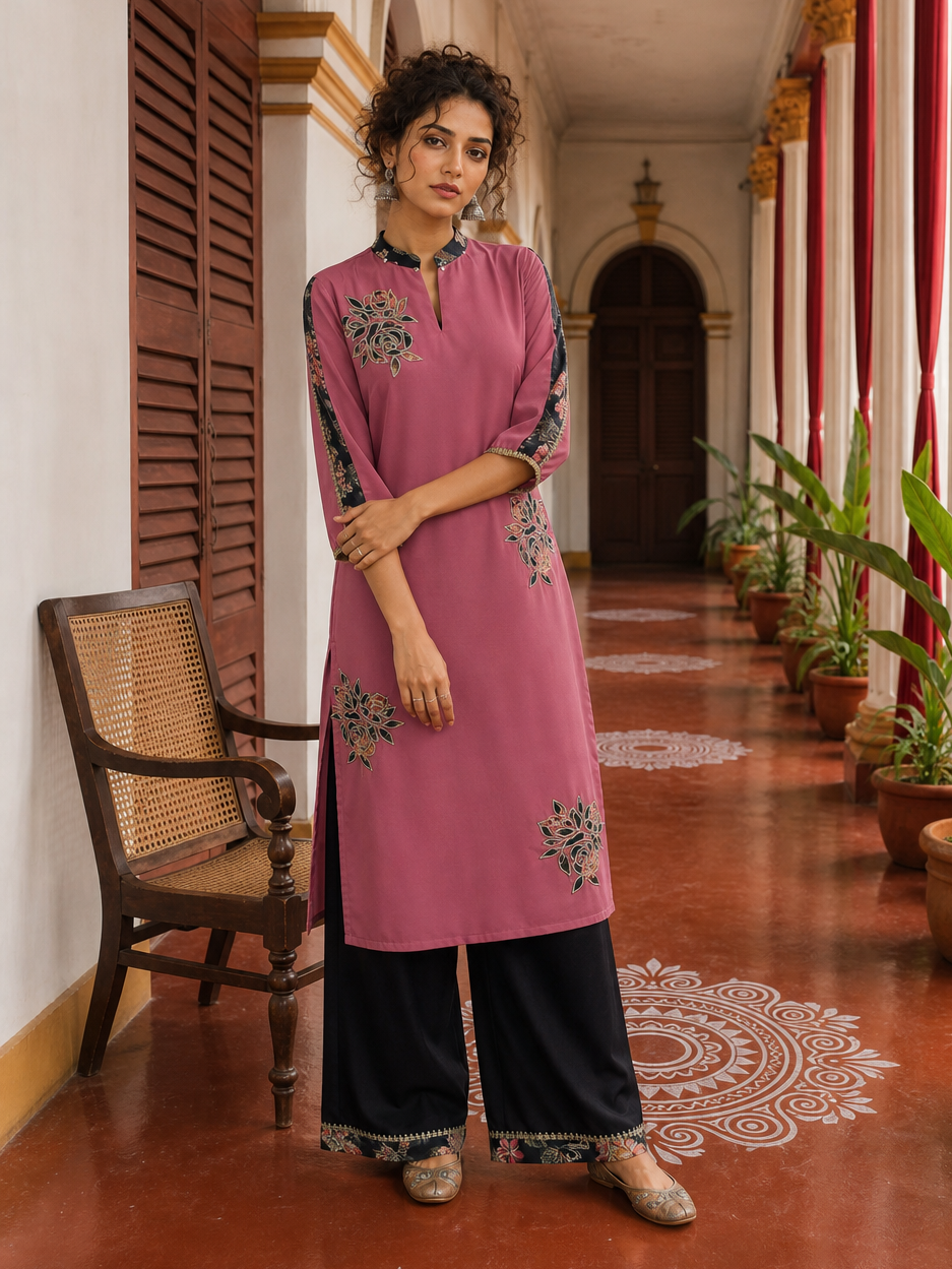 Elegant Pink Georgette Kurta with Floral Applique Motifs and Contrast Black Printed Collar & Dupatta