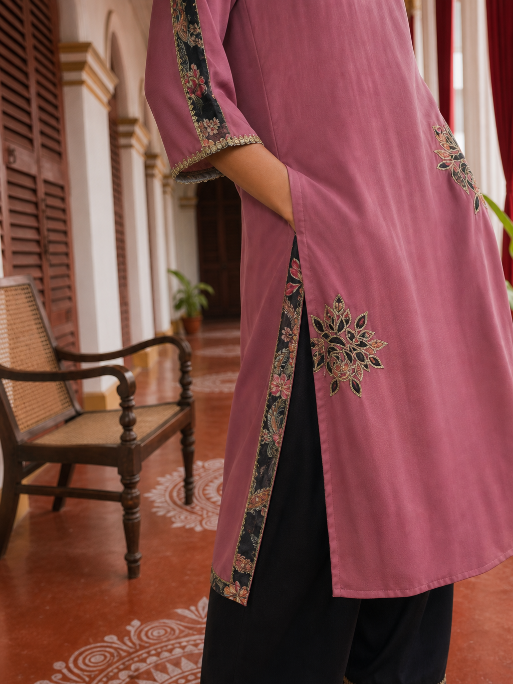 Elegant Pink Georgette Kurta with Floral Applique Motifs and Contrast Black Printed Collar & Dupatta