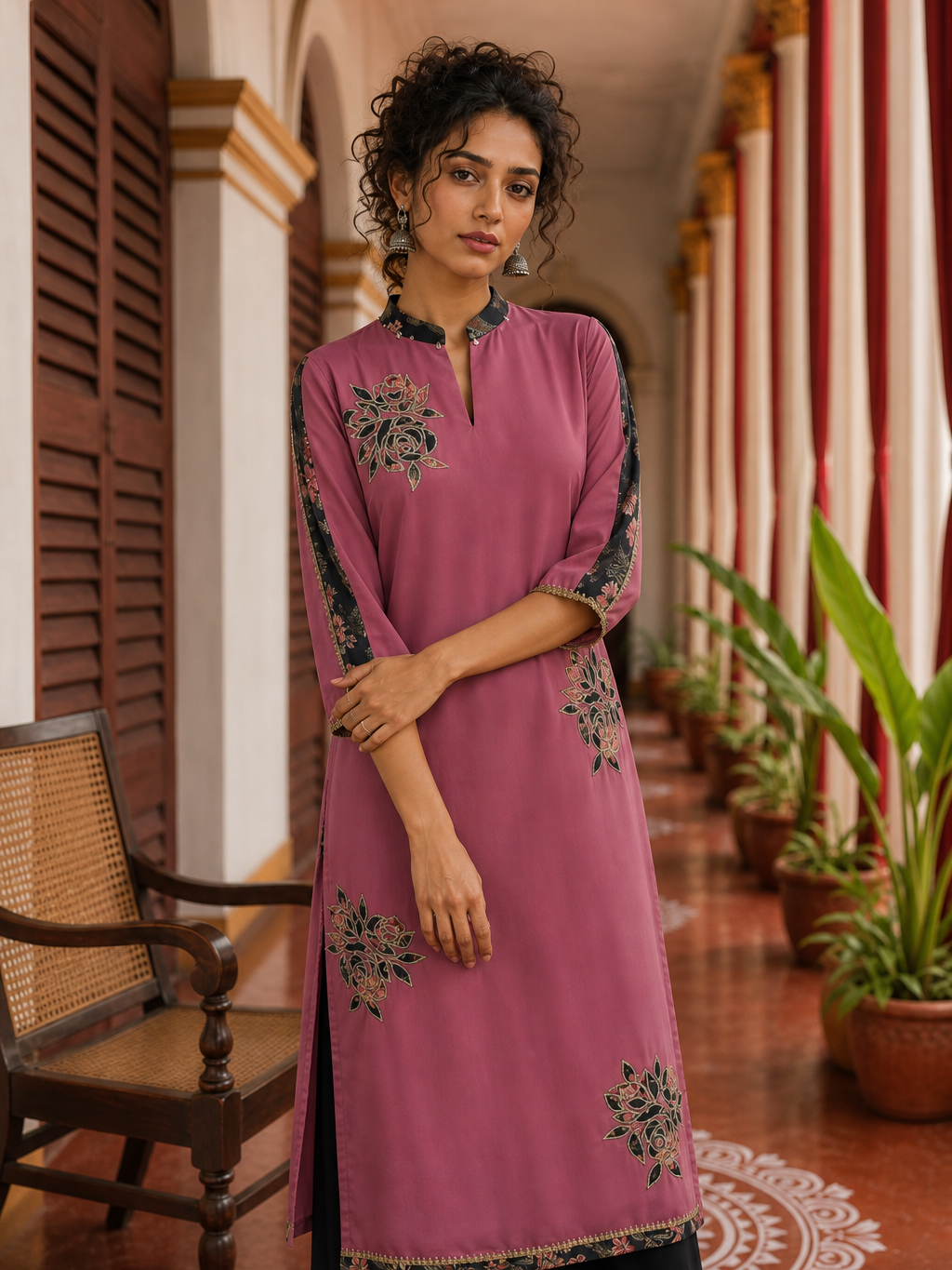 Elegant Pink Georgette Kurta with Floral Applique Motifs and Contrast Black Printed Collar & Dupatta