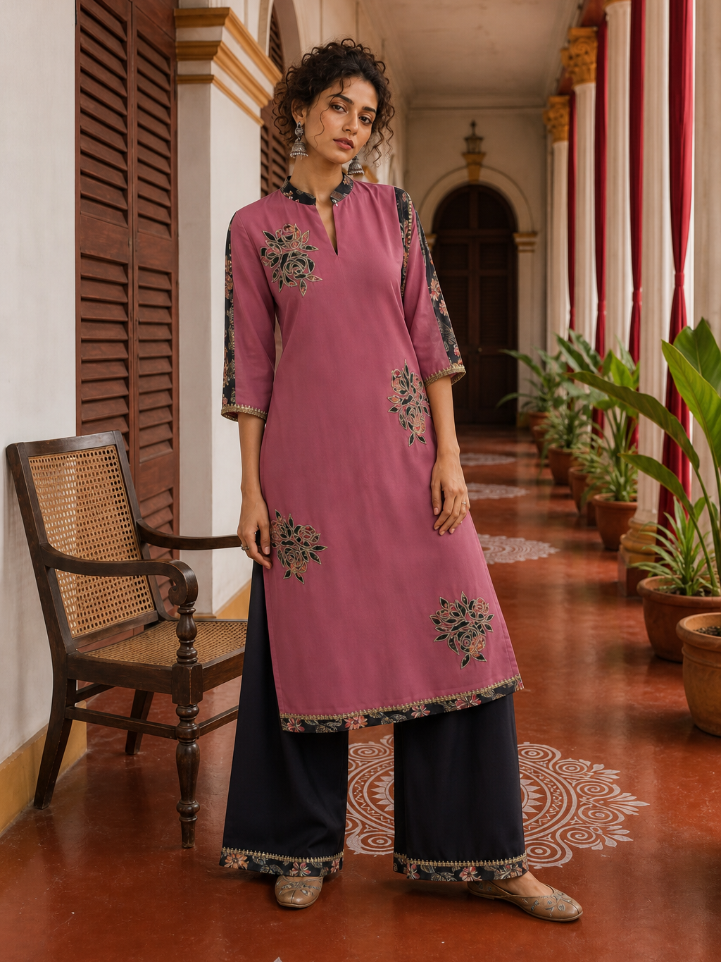 Elegant Pink Georgette Kurta with Floral Applique Motifs and Contrast Black Printed Collar & Dupatta