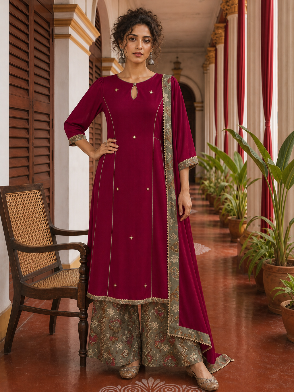 Elegant Rani pink panelled Georgette Kurta with Contrast Printed Border and hand embroidered front panel