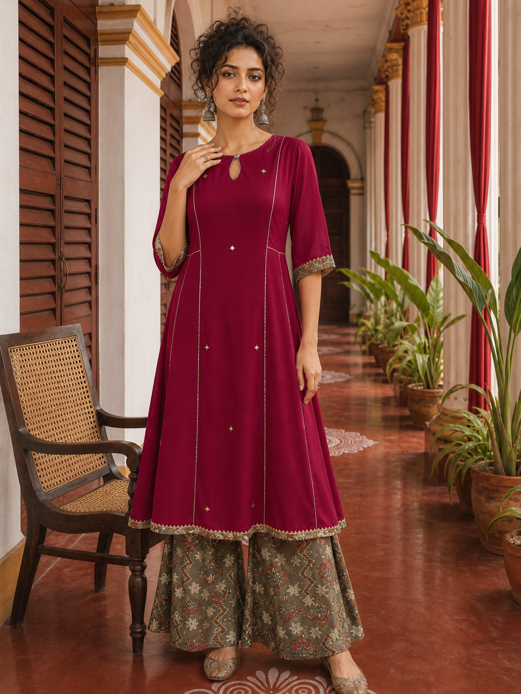 Elegant Rani pink panelled Georgette Kurta with Contrast Printed Border and hand embroidered front panel