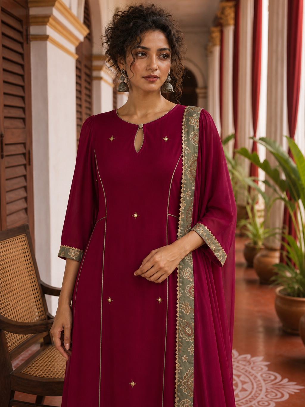 Elegant Rani pink panelled Georgette Kurta with Contrast Printed Border and hand embroidered front panel