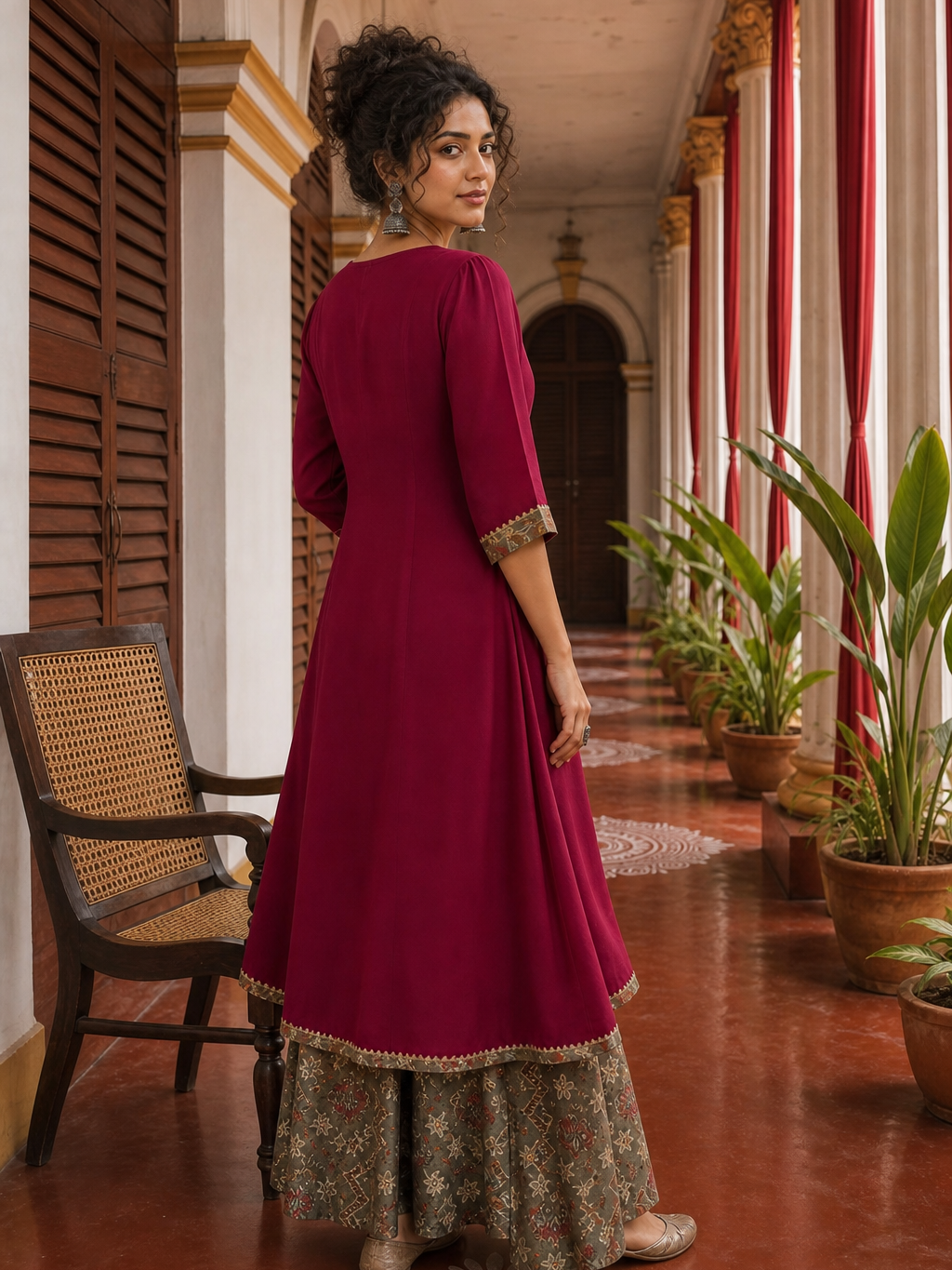 Elegant Rani pink panelled Georgette Kurta with Contrast Printed Border and hand embroidered front panel