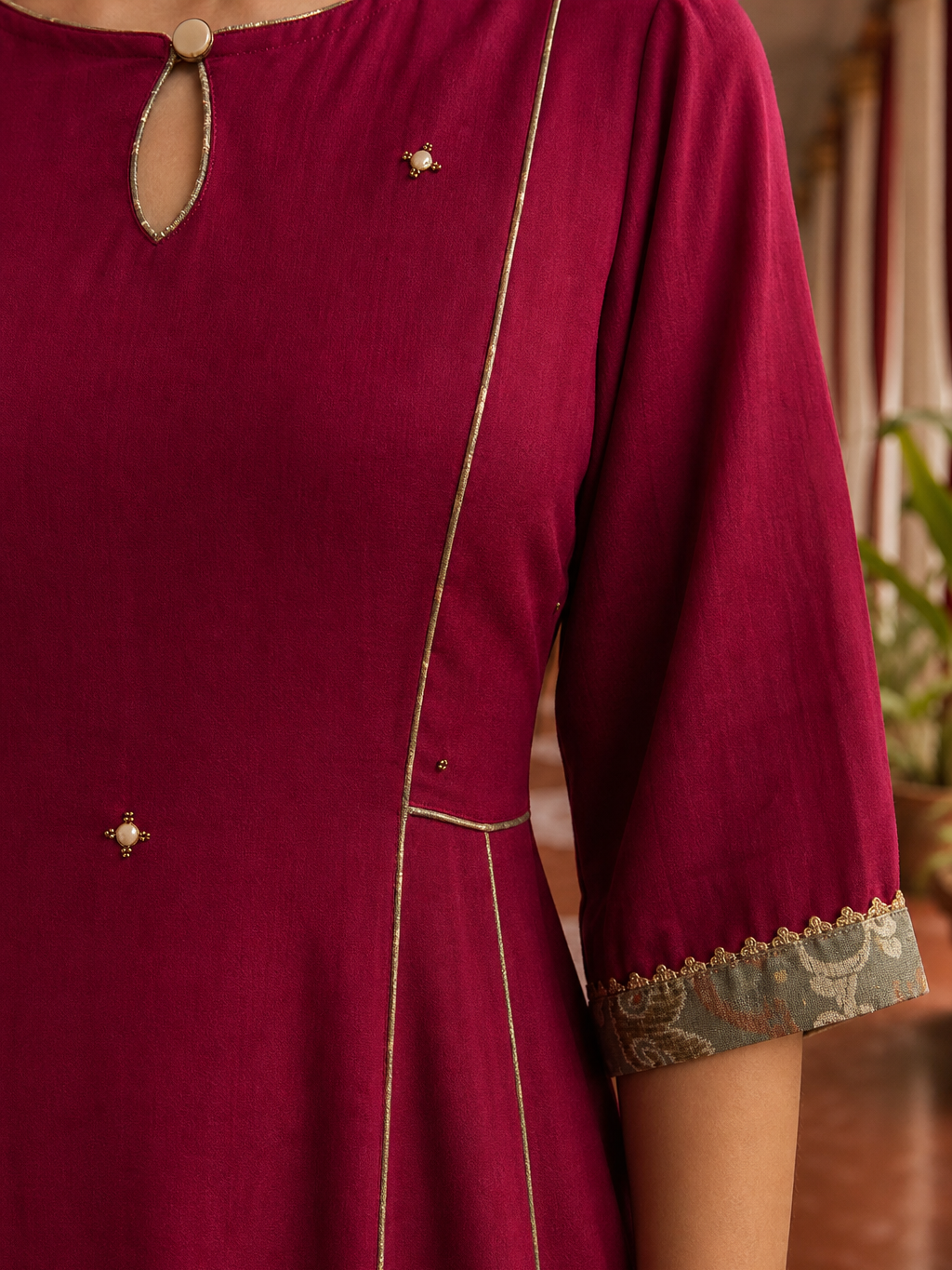Elegant Rani pink panelled Georgette Kurta with Contrast Printed Border and hand embroidered front panel
