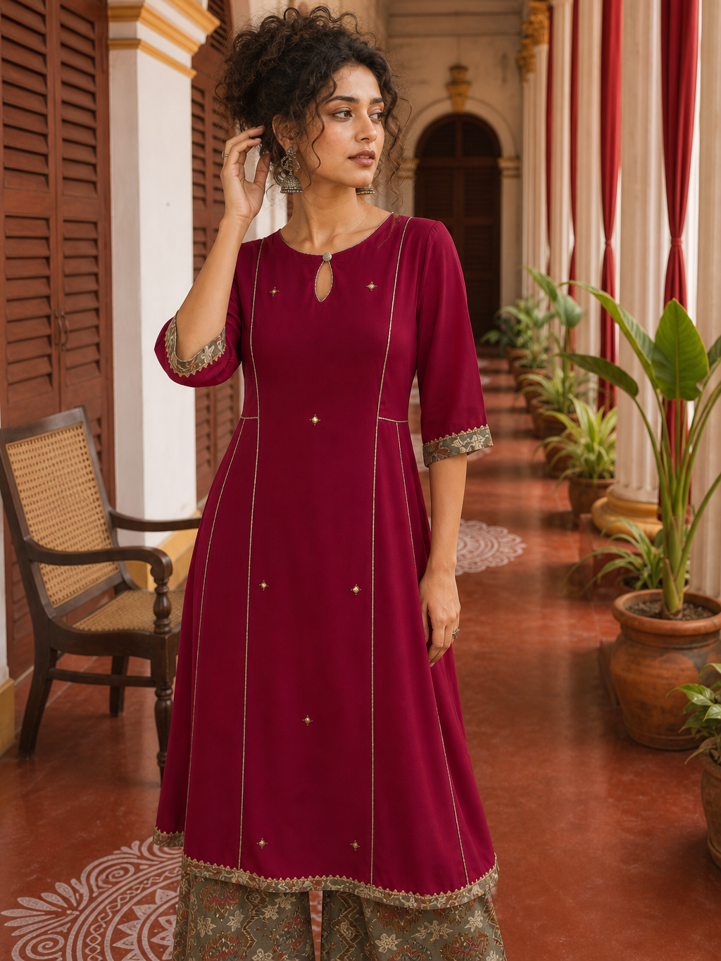 Elegant Rani pink panelled Georgette Kurta with Contrast Printed Border and hand embroidered front panel