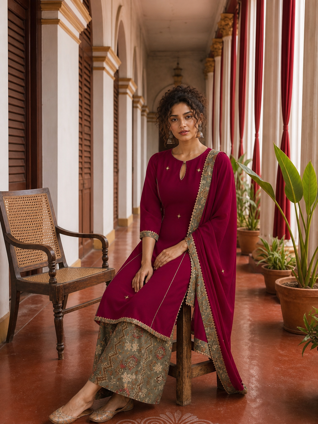 Elegant Rani pink panelled Georgette Kurta with Contrast Printed Border and hand embroidered front panel