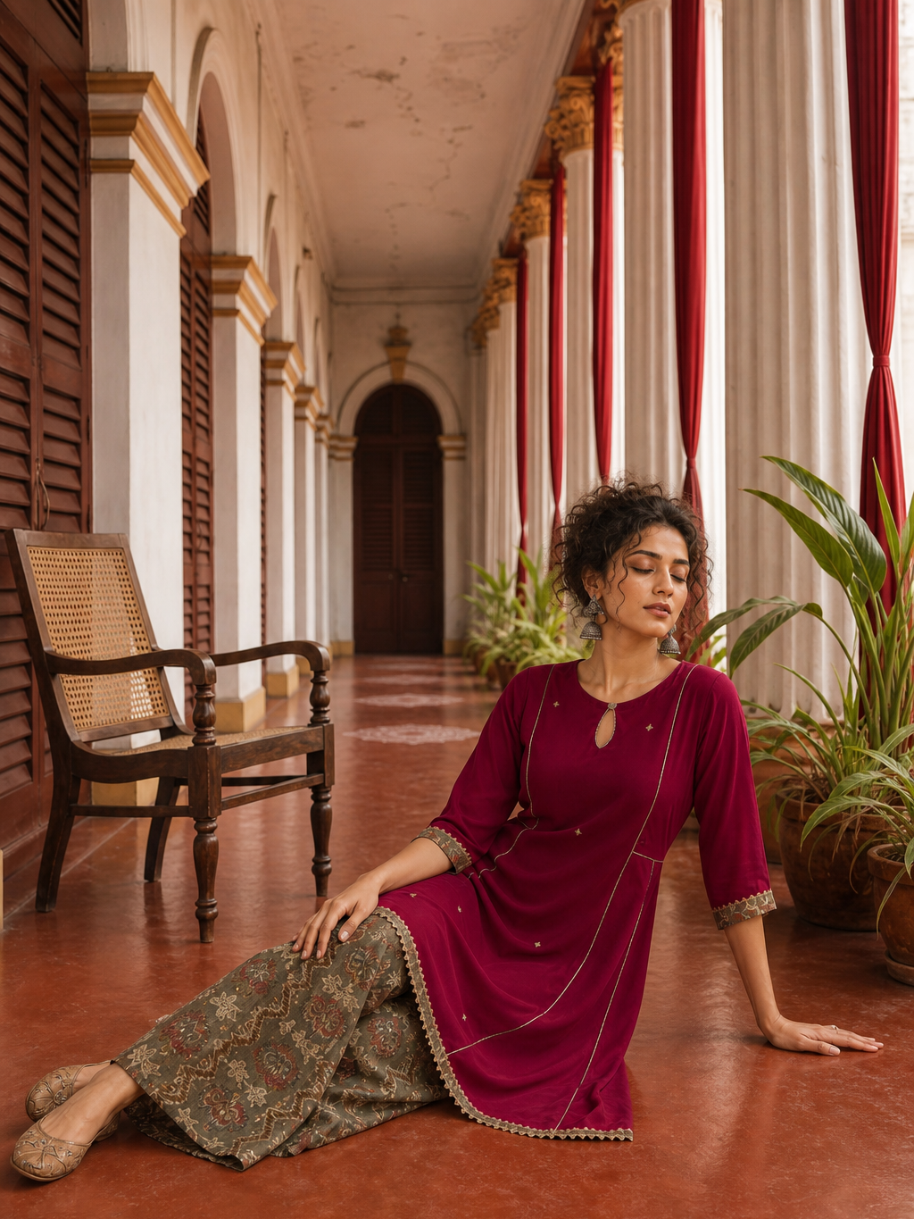 Elegant Rani pink panelled Georgette Kurta with Contrast Printed Border and hand embroidered front panel