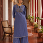 Elegant Dusty Blue Kurta with Gold Zari Embroidered Keyhole Neckline and Striped Contrast Sleeve Cuffs