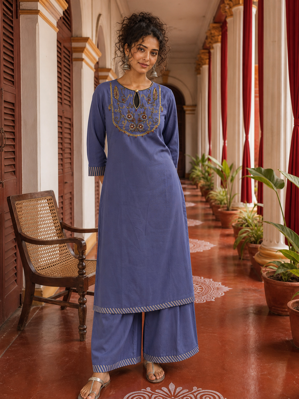 Elegant Dusty Blue Kurta with Gold Zari Embroidered Keyhole Neckline and Striped Contrast Sleeve Cuffs