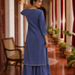 Elegant Dusty Blue Kurta with Gold Zari Embroidered Keyhole Neckline and Striped Contrast Sleeve Cuffs