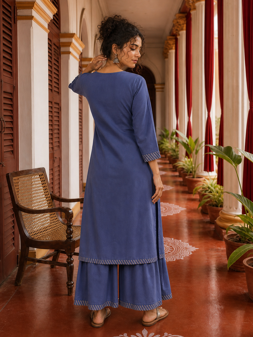Elegant Dusty Blue Kurta with Gold Zari Embroidered Keyhole Neckline and Striped Contrast Sleeve Cuffs