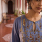 Elegant Dusty Blue Kurta with Gold Zari Embroidered Keyhole Neckline and Striped Contrast Sleeve Cuffs