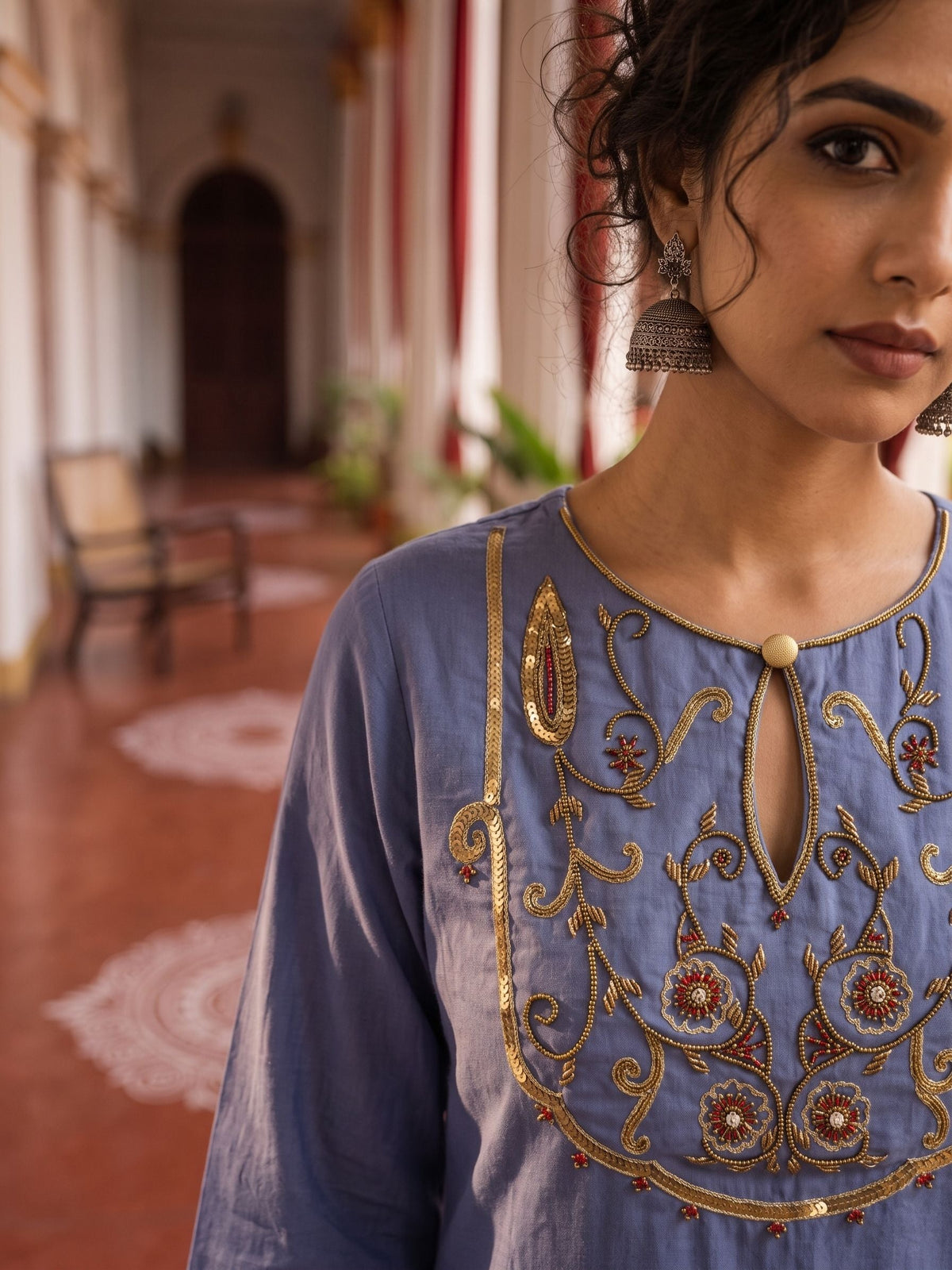Elegant Dusty Blue Kurta with Gold Zari Embroidered Keyhole Neckline and Striped Contrast Sleeve Cuffs