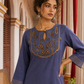 Elegant Dusty Blue Kurta with Gold Zari Embroidered Keyhole Neckline and Striped Contrast Sleeve Cuffs