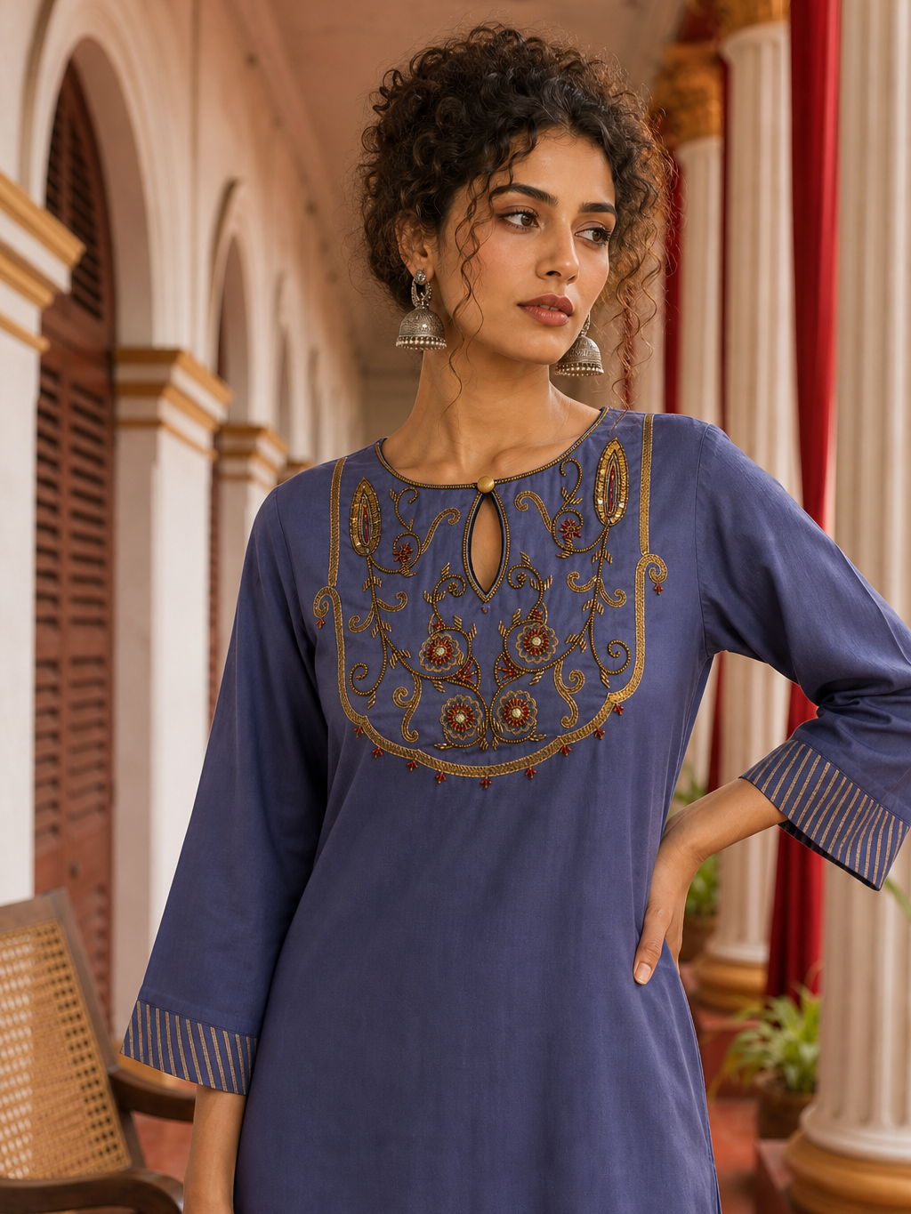 Elegant Dusty Blue Kurta with Gold Zari Embroidered Keyhole Neckline and Striped Contrast Sleeve Cuffs