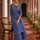 Elegant Dusty Blue Kurta with Gold Zari Embroidered Keyhole Neckline and Striped Contrast Sleeve Cuffs