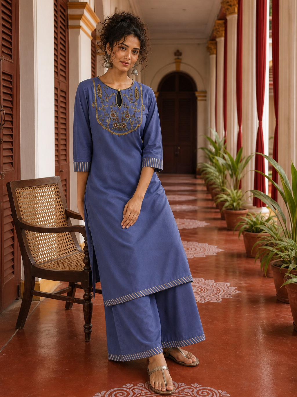 Elegant Dusty Blue Kurta with Gold Zari Embroidered Keyhole Neckline and Striped Contrast Sleeve Cuffs