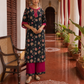 Elegant Black Floral Print Kurta with Contrast Pink hand Embroidered Keyhole Neckline & Scalloped Cuffs