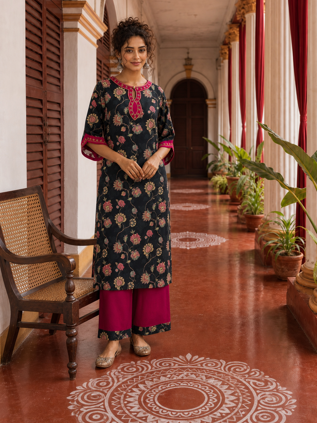 Elegant Black Floral Print Kurta with Contrast Pink hand Embroidered Keyhole Neckline & Scalloped Cuffs