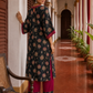 Elegant Black Floral Print Kurta with Contrast Pink hand Embroidered Keyhole Neckline & Scalloped Cuffs