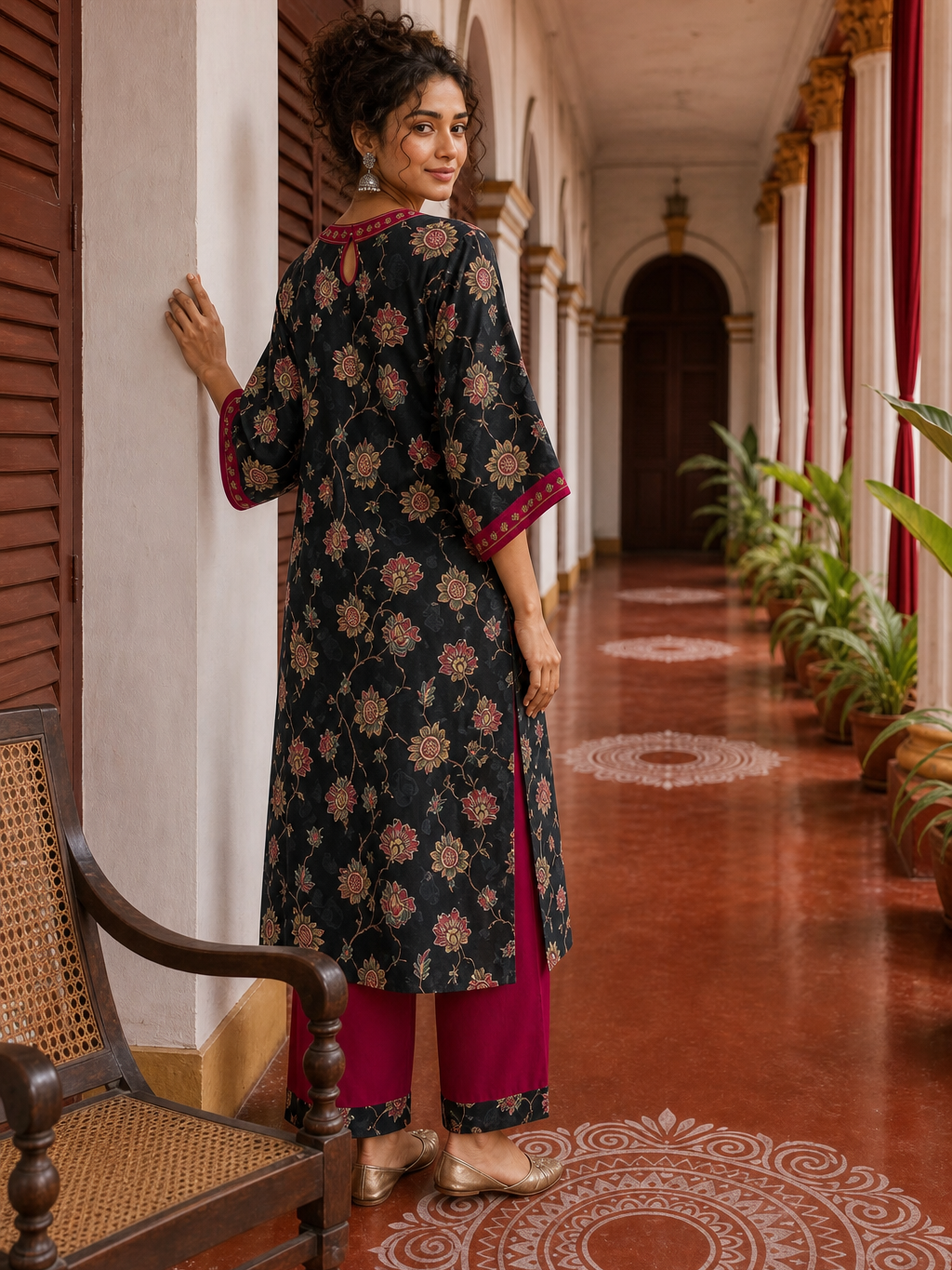 Elegant Black Floral Print Kurta with Contrast Pink hand Embroidered Keyhole Neckline & Scalloped Cuffs