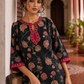 Elegant Black Floral Print Kurta with Contrast Pink hand Embroidered Keyhole Neckline & Scalloped Cuffs