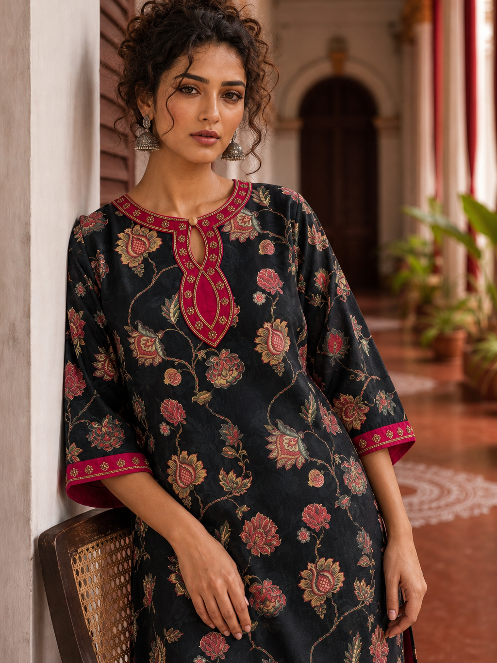 Elegant Black Floral Print Kurta with Contrast Pink hand Embroidered Keyhole Neckline & Scalloped Cuffs