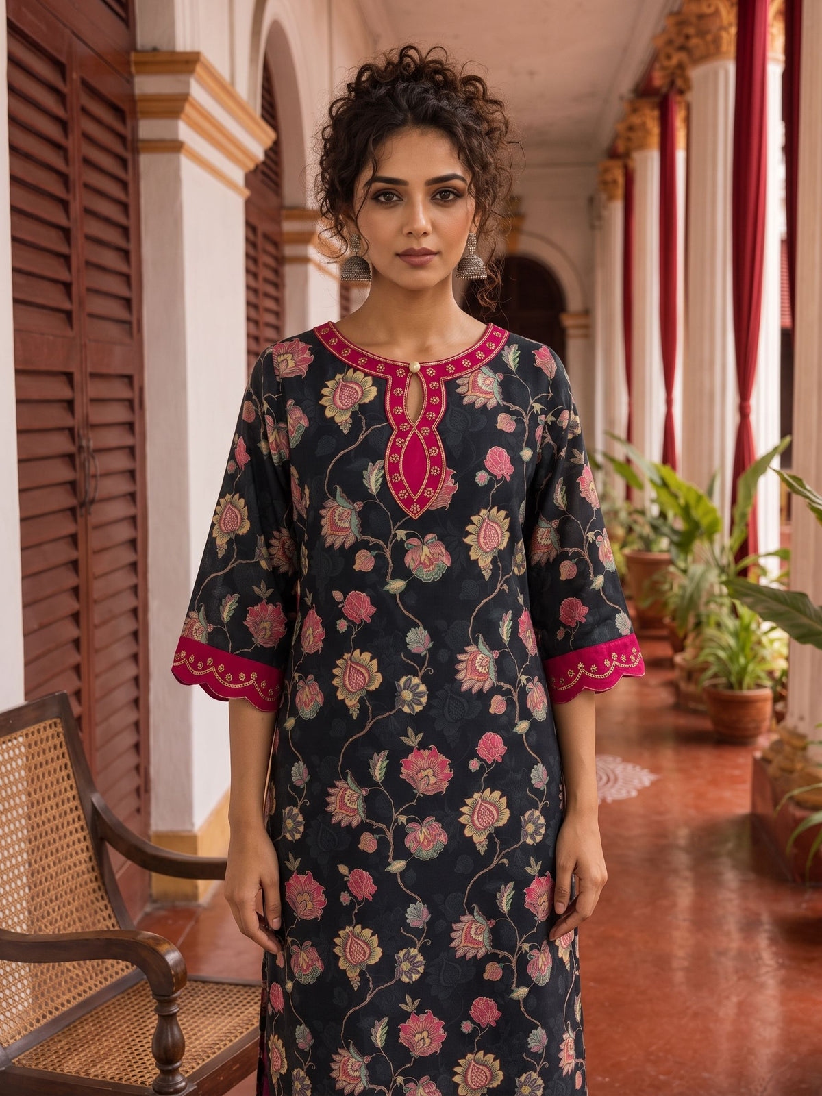 Elegant Black Floral Print Kurta with Contrast Pink hand Embroidered Keyhole Neckline & Scalloped Cuffs