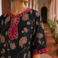 Elegant Black Floral Print Kurta with Contrast Pink hand Embroidered Keyhole Neckline & Scalloped Cuffs