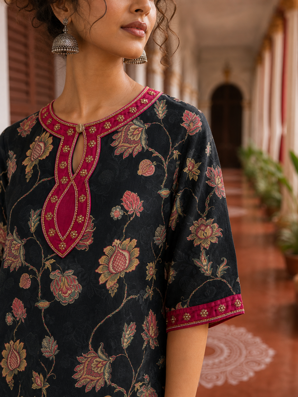 Elegant Black Floral Print Kurta with Contrast Pink hand Embroidered Keyhole Neckline & Scalloped Cuffs