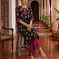 Elegant Black Floral Print Kurta with Contrast Pink hand Embroidered Keyhole Neckline & Scalloped Cuffs