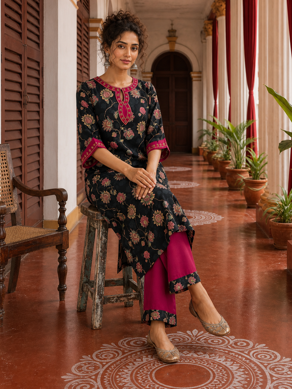 Elegant Black Floral Print Kurta with Contrast Pink hand Embroidered Keyhole Neckline & Scalloped Cuffs