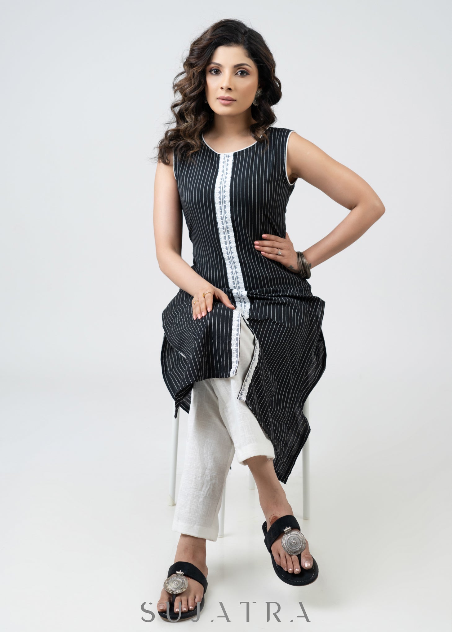 Simple Smart Black Ikat Sleeveless Kurta With Laces - Pant Optional