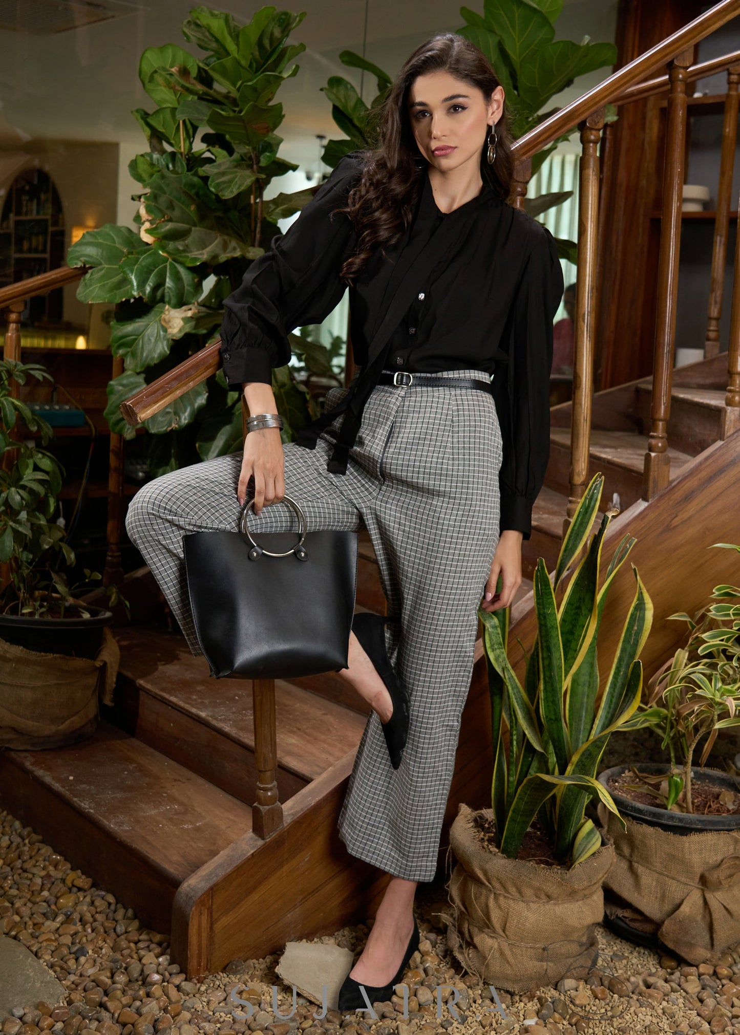Trendy black rayon balloon sleeves tie up shirt - Grey checks pant -Optional