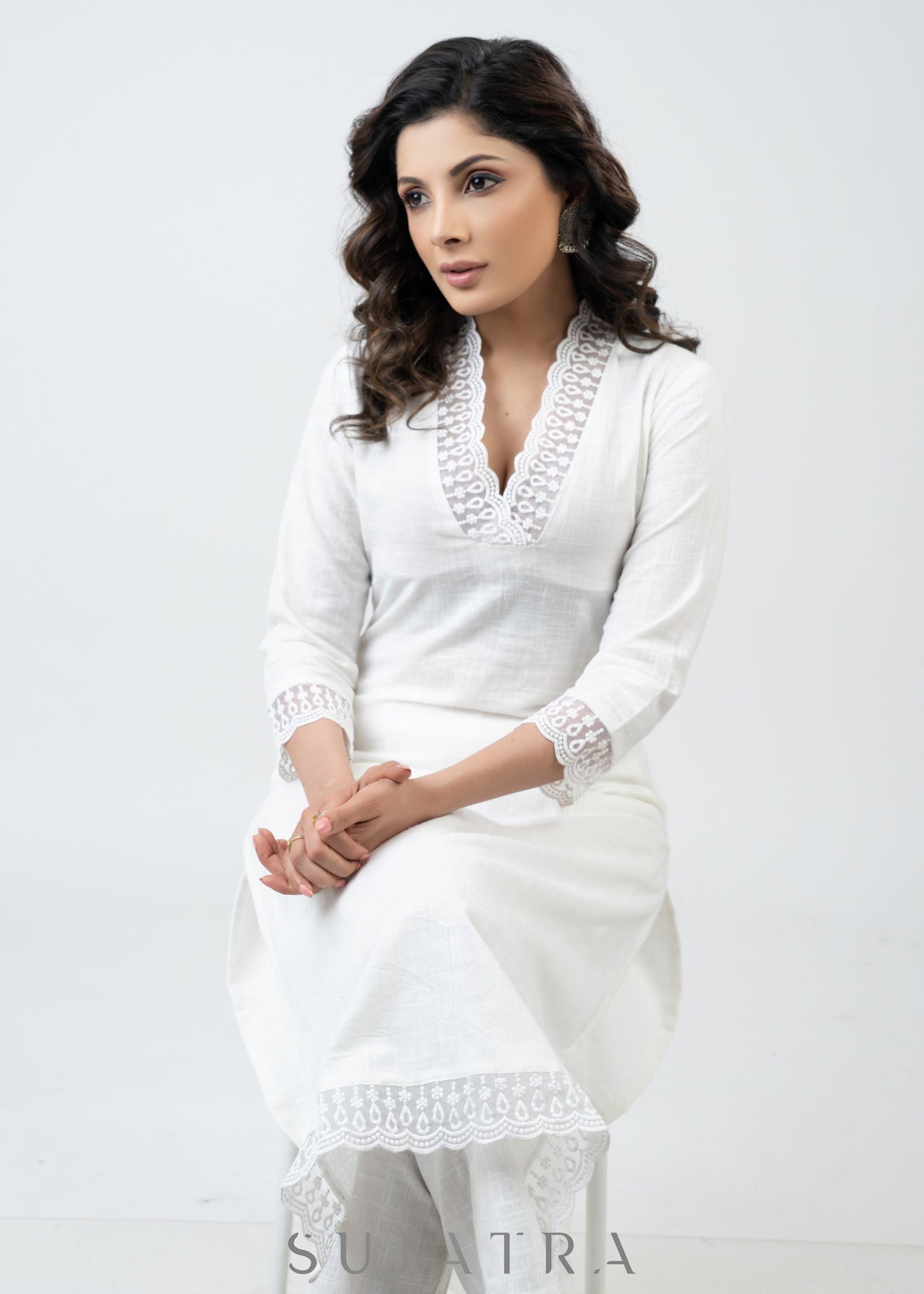 Trendy White Cotton Kurta With Delicate Laces - Pant Optional