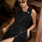 Classic black cotton fitted skirt with side button and thread highlights- Matching top Optional