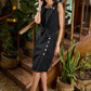 Classic black cotton fitted skirt with side button and thread highlights- Matching top Optional