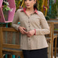Classic cotton beige striped shirt with red floral print on collar & cuffs - Skirt Optional