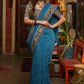 Exclusive Teal blue cotton saree highlighted with kalamkari and indigo borders