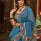 Exclusive Teal blue cotton saree highlighted with kalamkari and indigo borders