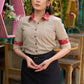 Classic cotton beige striped shirt with red floral print on collar & cuffs - Skirt Optional