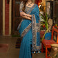 Exclusive Teal blue cotton saree highlighted with kalamkari and indigo borders